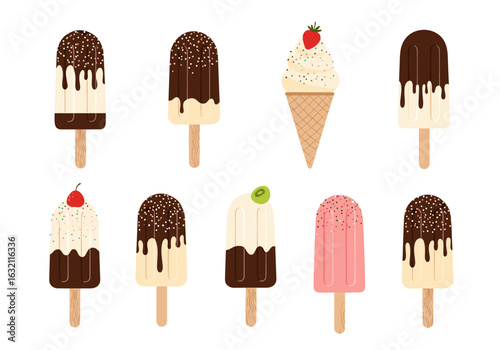A delicious collection of sweet frozen treats featuring various flavors and toppings