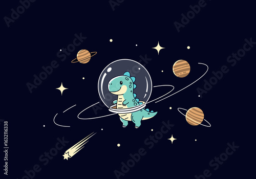 Cute cartoon dinosaur astronaut floating among planets stars and meteorites in outer space