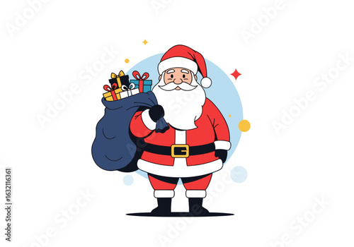 Festive santa claus carrying a large bag full of presents spreading holiday cheer
