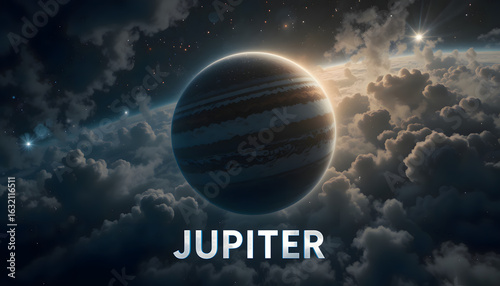 Striking Striped Planet Orbiting in Cloudy Outer Space Landscape