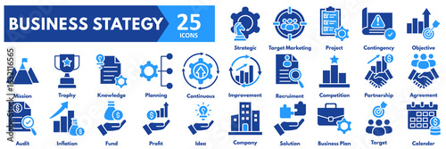 Business Strategy icon set. with icons of strategic, target marketing, project, contingency, objective, mission, trophy, knowledge, planning, continuous, improvement, recruitment,competition, partner 