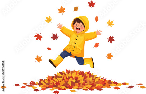 Joyful child in yellow raincoat jumps into pile of colorful autumn leaves, pure happiness