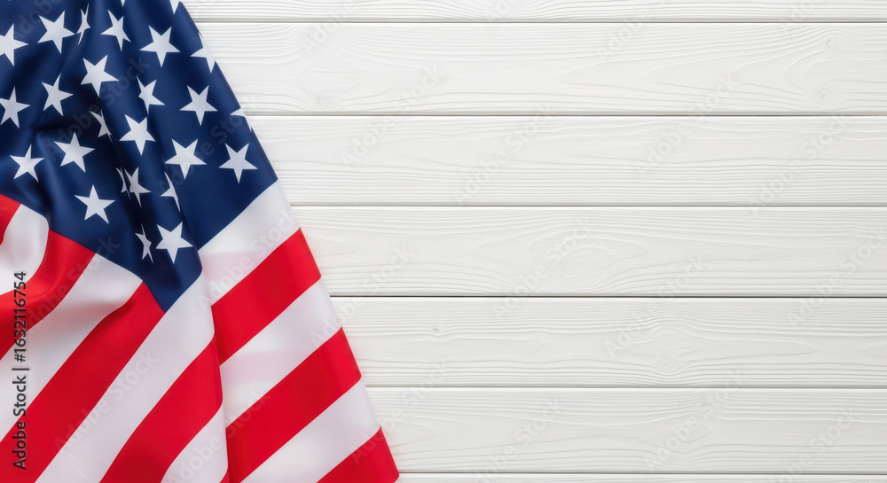 Obraz premium American flag on white wooden background with copy space for text or design