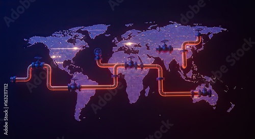Abstract Shiny Pipelines Over Dotted World Map on Dark Background