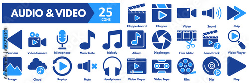 Audio and Video icon set. with icons of video player, tape, film, disc, play, clapperboard, clapper, video, sound, skip, previous, camera, microphone, music note, melody, album, diaphragm 