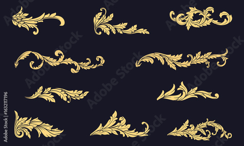 Set Vintage Gold Baroque Arabic Damask Engraved Ornamental. Calligraphic Border Frame Element Collection. Golden Cartouche Flourish Filigree Decorative Design Element. Scrollwork Vector Illustration