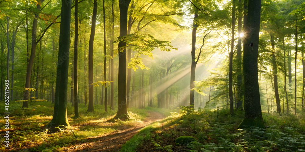 Obraz premium Sunlit forest with dappled light and golden foliage patterns