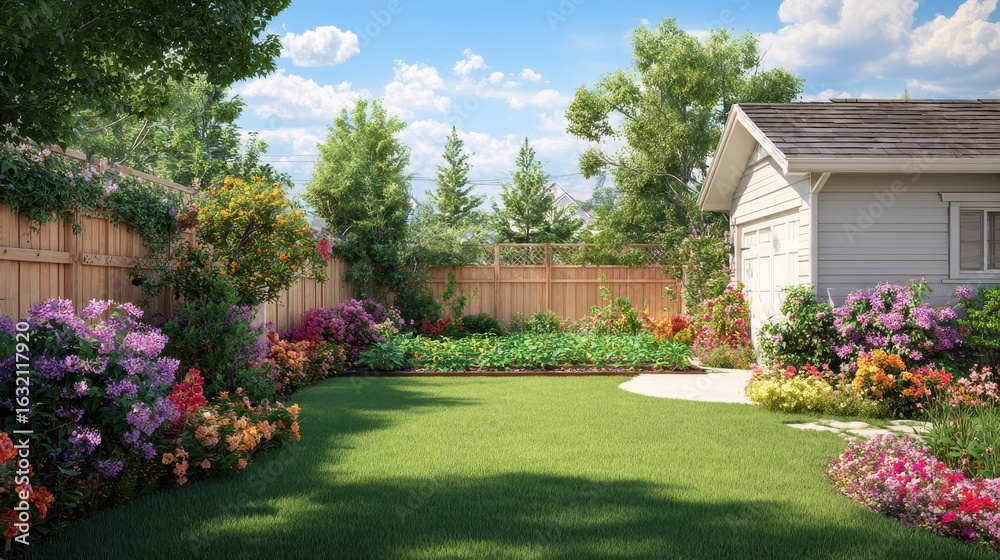 Naklejka premium Backyard garden flourishing flowers, lawn, fence and shed. For home improvement
