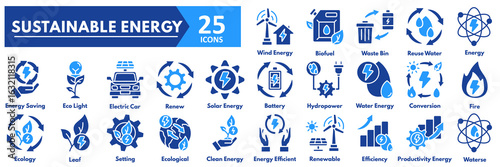 Sustainable Energy icon set. with icons of wind, biofuel, waste bin, reuse water, energy, saving, eco light, electric car, renew, sola, battery, hydropower, water energy 
