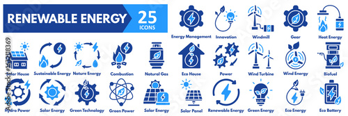 Renewable Energy icon set. with icons of solar panel, renewable, green, eco energy, eco battery, energy management, innovation, windmill, gear, heat, solar house, sustainable 