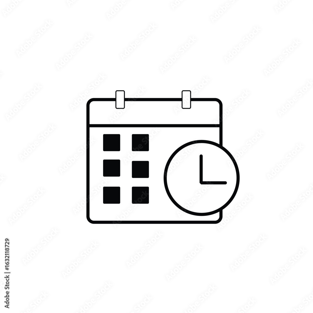 Black outline calendar icon with clock symbol time