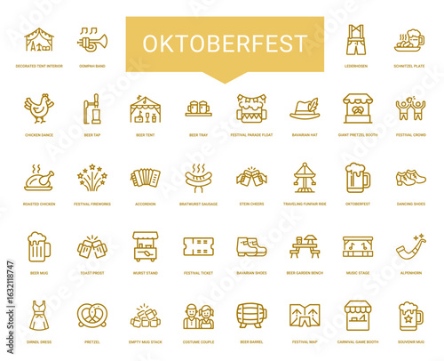 collection linear icons themes associated oktoberfest celebration, schnitzel chicken lederhosen crowd