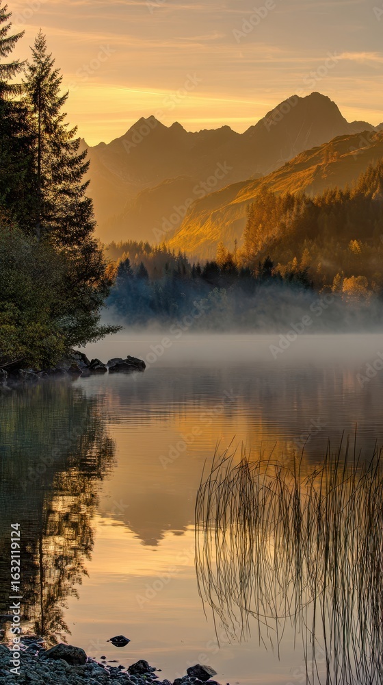 Fototapeta premium Serene sunrise over a misty lake and mountains.