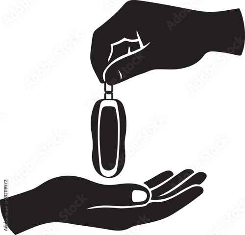 Hand giving car key to another hand on white background