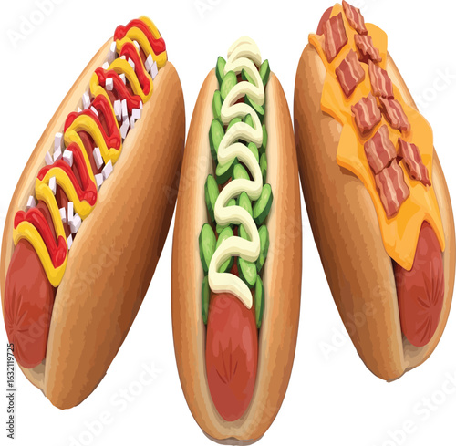 vector, illustration, hot dog with mustard and ketchup, food, food advertising asset, transparent 
