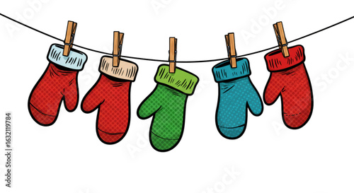 Colorful mittens hanging on clothesline against white background  