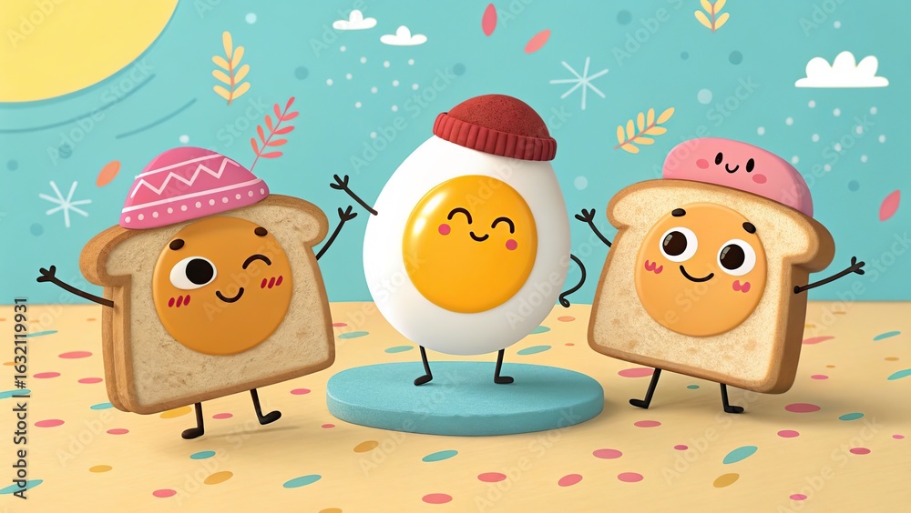 Obraz premium Happy easter breakfast characters dancing together