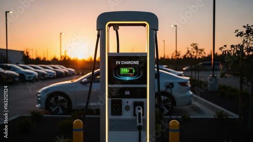 EV CHARGING on a modern station with an electric car plugged in. Sustainable transportation and renewable energy concept in a parking lot at sunset.