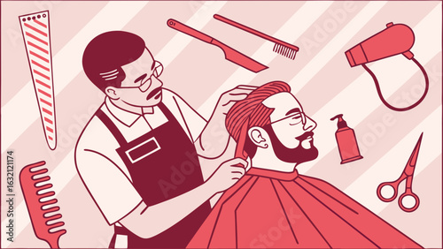 Barber Giving a Man a Haircut in a Barbershop.