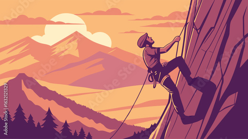 Climber Ascending a Rocky Mountain Face at Sunset.