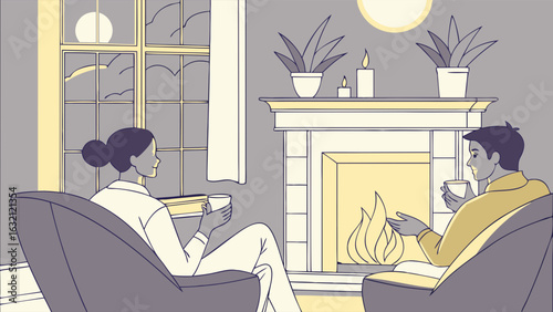 Couple Relaxing by Fireplace with Hot Drinks at Night.