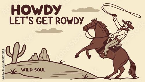 Cowboy Riding Horse in a Desert Landscape.