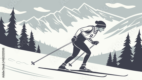 Female CrossCountry Skier Racing in Snowy Mountains.