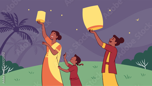 Family Releasing Sky Lanterns Together During a Celebration.