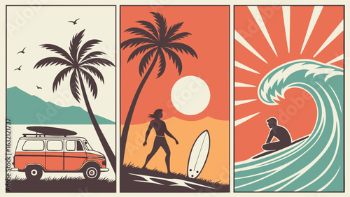Retro Summer Triptych Surf Beach and Van Life.