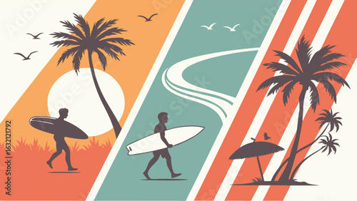 Retro Surfing Scene with Palm Trees and Beach Elements.