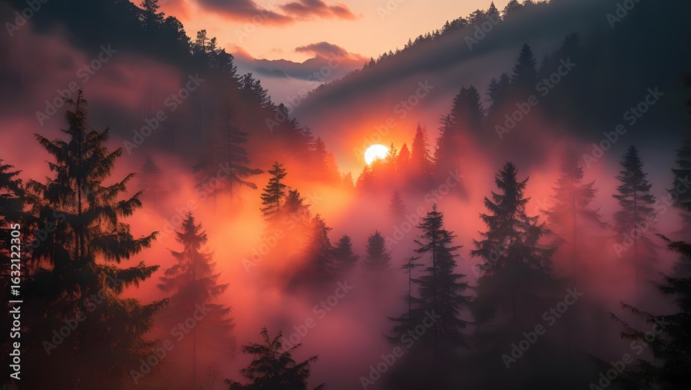 Fototapeta premium Crimson Dusk over Forest: A breathtaking view of a forest engulfed in a vibrant crimson sunset, with silhouettes of trees casting a mystical aura.