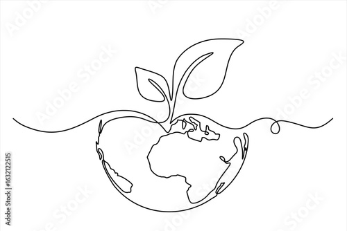 Single continuous one line art growing sprout. Plant leaves grow planet Earth seedling eco natural concept design sketch drawing. Hand drawn one line vector. Editable stroke