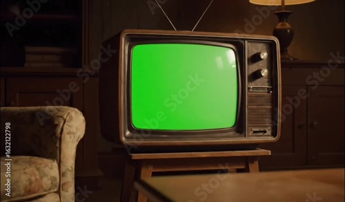 Vintage Living Room with Green Screen TV - Retro Interior Scene for Chroma Key Compositing