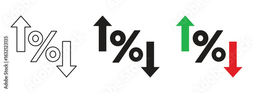 Percentage growth and decline icons set with up and down arrows. Flat and line style symbols for financial, business, and statistical analysis. Perfect for reports and dashboards. vector illustration.
