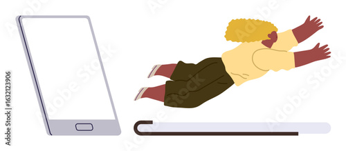 Woman leaping from a smartphone into an open book, symbolizing the shift from digital to learning. Ideal for education, technology, knowledge, innovation, transformation, digital literacy, growth
