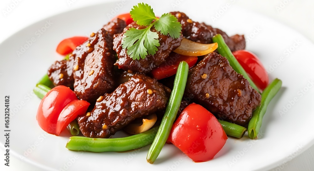 Close-up of savory beef stir-fry with bell peppers and green beans. Close-up of savory beef stir-fry with bell peppers and green beans.