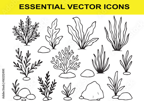 Hand Drawn Seaweed and Rocks Vector Icons ocean underwater