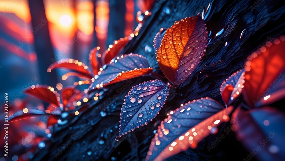 Naklejka premium Ephemeral Dew: A stunning close-up of a vibrant, dew-kissed leaf, with its intricate patterns highlighted against the textured bark, evoking a sense of natural beauty and tranquility.