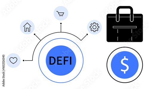 DEFI circle surrounded by icons for home, shopping, heart, and settings. Includes briefcase and dollar coin. Ideal for fintech, blockchain, innovation, investment business decentralization simple