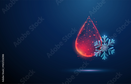 Blood drop and snowflake. Cryopreservation, frozen blood storage, stem cell banking, biobanking, cold chain transport, hematology preservation concept