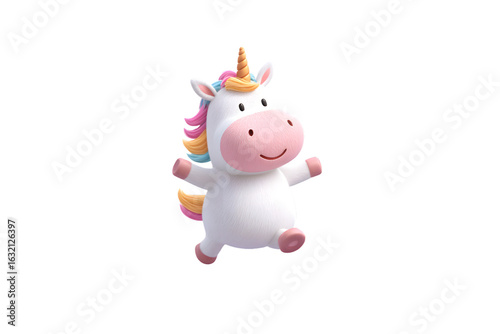 A unicorn child skipping along a rainbow isolated