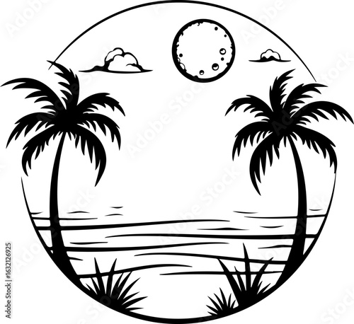 Tropical beach scene, palm trees, moonlit ocean landscape, black and white vector icon