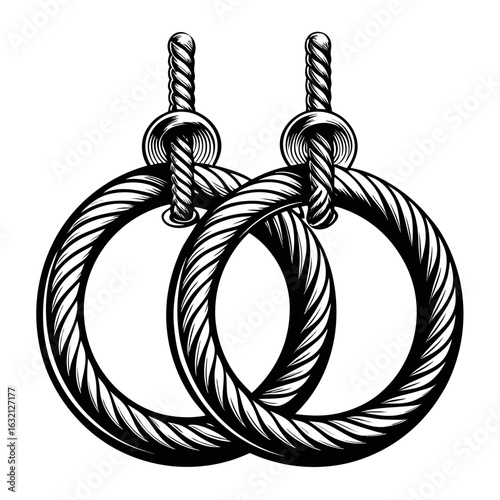 Artistic black and white illustration of gymnastic rings suspended by thick ropes