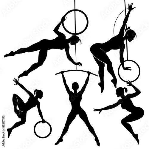 Collection of silhouettes of women performing aerial acrobatics and circus arts with hoops and bars