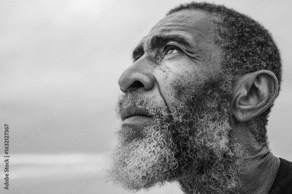 Fototapeta premium Thoughtful black and white portrait of an elderly man looking upwards.