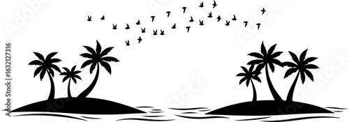 Tropical island, palm trees, black silhouette, vector illustration, beach landscape