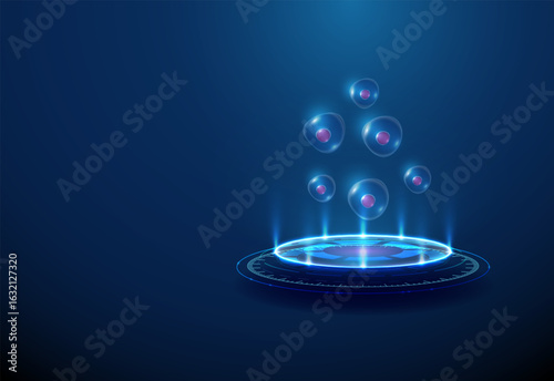 Stem cell on futuristic podium. Induced pluripotent stem cell technology, cellular reprogramming, regenerative medicine, personalized therapy concept.