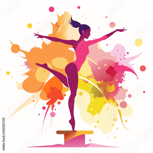 Graceful gymnast in silhouette performing an elegant pose on a platform amidst vibrant abstract splashes of color and circles