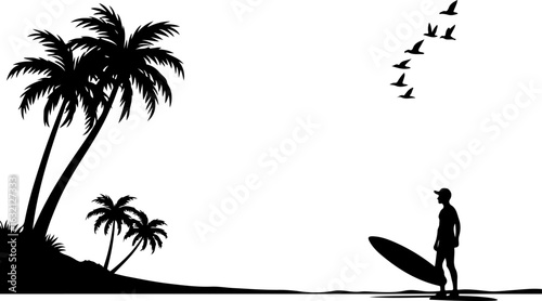 Surfing silhouette, tropical beach scene, black vector icon, palm trees and surfer