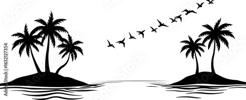 Tropical island, palm trees, black silhouette, vector illustration, beach landscape